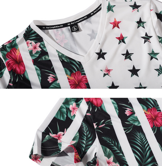 Playera Hombre Estampado Flores Estrellas Cuello V Manga Corta Verano - Image 3