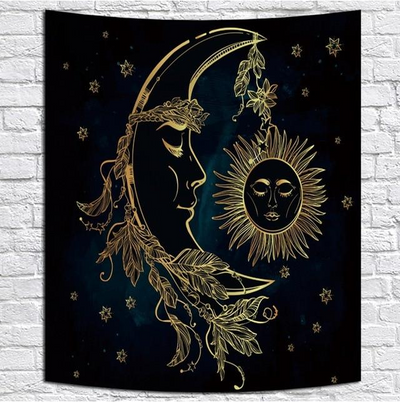 Bohemian sun and moon tapestry with a celestial pattern of golden suns and crescent moons on a dark blue background. - Image 42