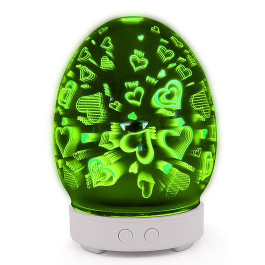 Red egg-shaped ultrasonic air humidifier with a 3D infinity mirror effect featuring glowing dragonfly patterns on a white base.