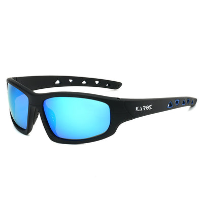 Black sports sunglasses with red mirrored lenses, featuring a wrap-around style and red accents on the temples. - Image 6