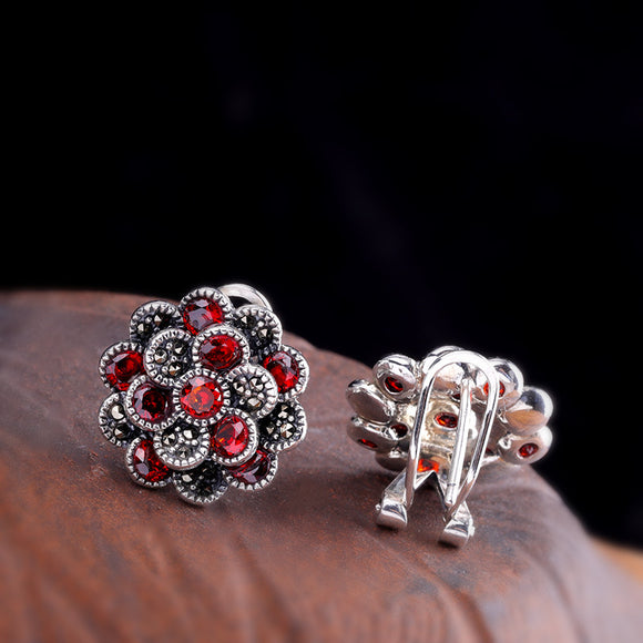 Aretes de Plata 925 Flor con Zircón Rojo para Mujer