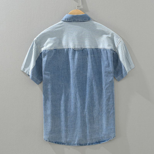 Camisa de Mezclilla Manga Corta con Contraste de Colores y Diseño Patchwork