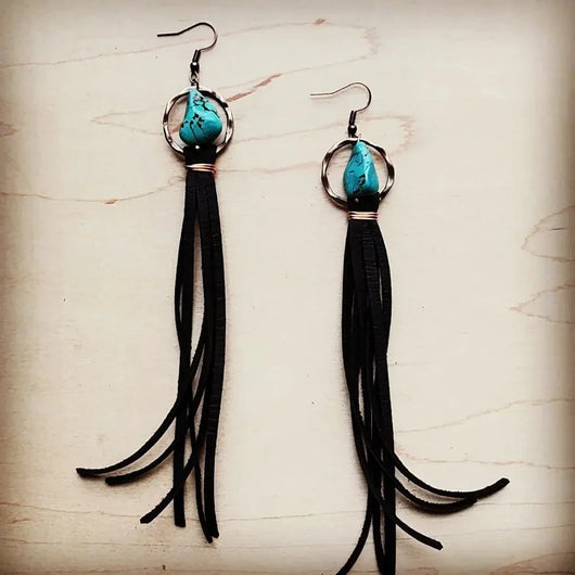 Turquoise Drop Earrings with Leather Tassel - Black, 206g