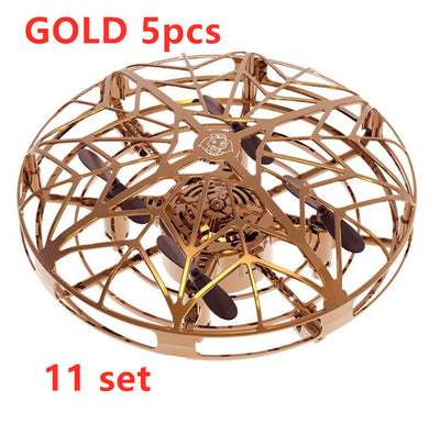 Gold mini UFO drone with a spherical protective cage and black propellers, sold as a 3-piece set. - Image 14