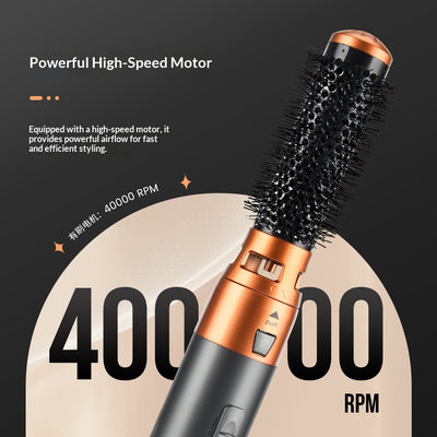 5-in-1 multifunctional hair styler with dark gray handle and rose gold accents, including hot air comb, curling wands, and paddle brush attachments, plus a blac - Image 3