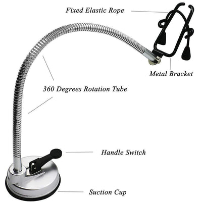 Hands-free hair dryer holder with a flexible silver gooseneck arm and a black suction cup base, holding a black hair dryer. - Image 4