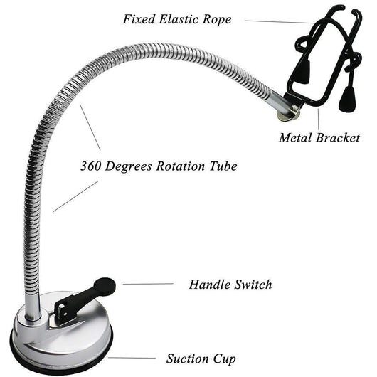 Hands-free hair dryer holder with a flexible silver gooseneck arm and a black suction cup base, holding a black hair dryer. - Image 4
