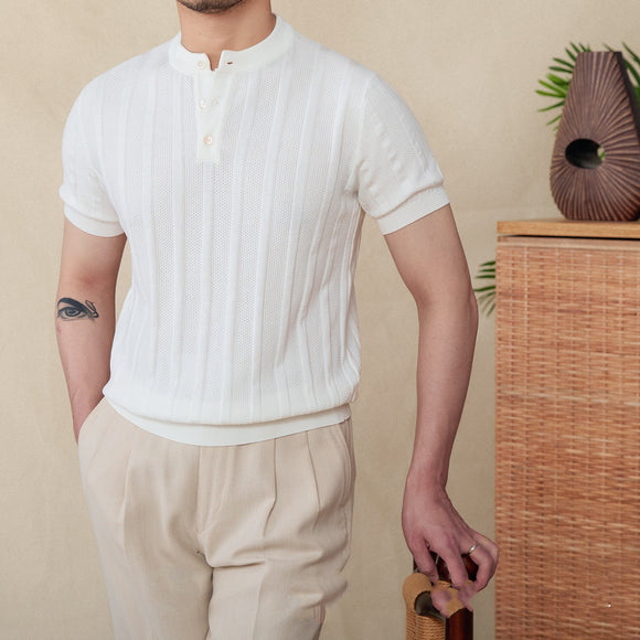 Camiseta Casual de Punto Henry Collar a Rayas - Manga Corta 100% Algodón para Hombre