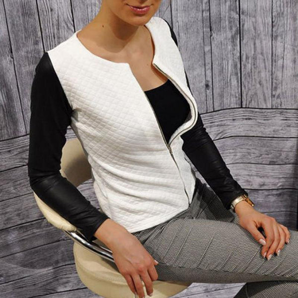 Chaqueta Blazer Mujer Patchwork Cuero PU con Tartán Primavera Otoño