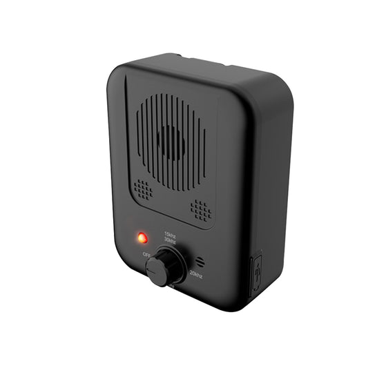 Black ultrasonic anti-barking device with a red light and a control knob, next to yellow pet goggles with rainbow lenses. - Image 6