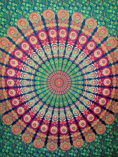 Blue, orange, and red mandala tapestry with intricate floral patterns, ideal for wall decor or dorm rooms. - Image 2