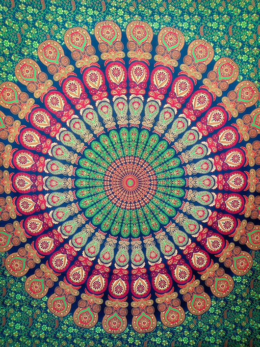 Blue, orange, and red mandala tapestry with intricate floral patterns, ideal for wall decor or dorm rooms. - Image 2