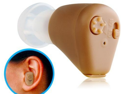 Beige rechargeable mini hearing aid with a clear ear dome, featuring volume control and an on/off switch. - Image 2