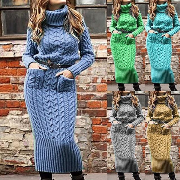 Vestido Suéter Cuello Alto con Bolsillos en Punto Tejido