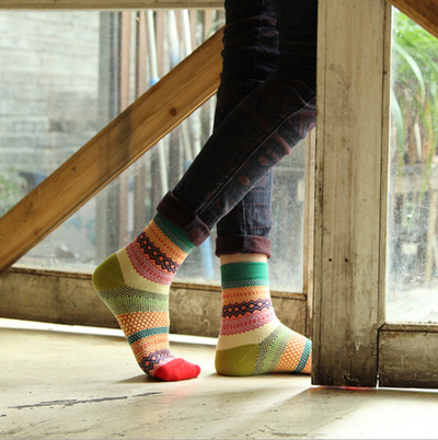 Calcetines Étnicos de Algodón con Rayas Horizontales Dobles