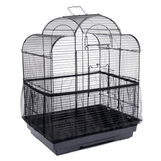 White mesh bird cage cover on a black wire bird cage with a black base, designed to catch seeds and dust. - Image 2