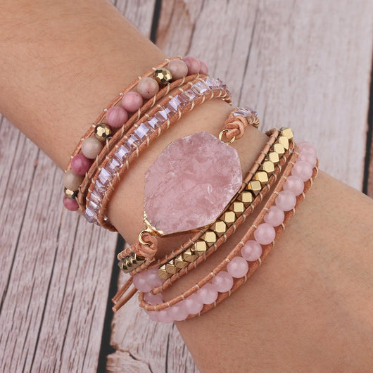 Pulsera de Piedra Natural Cuarzo Rosa con Envolvente de Cuero - 5 Vueltas Gemas - Image 3