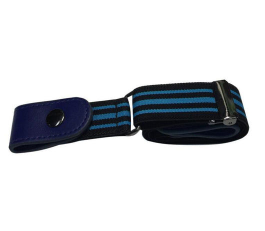 Red, white, and blue striped elastic stretch belt with brown leather-look ends and a silver-tone double buckle. - Image 7