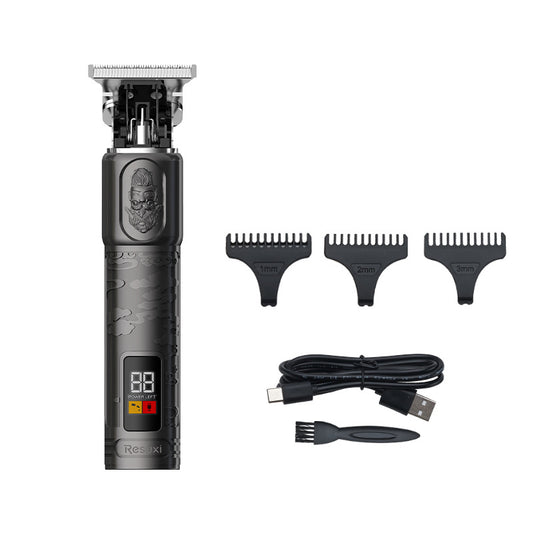 Gold electric hair clippers with an LCD display and engraved design, shown with 1mm, 2mm, 3mm guide combs, USB cable, and cleaning brush.