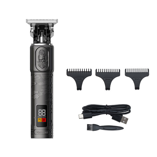 Gold electric hair clippers with an LCD display and engraved design, shown with 1mm, 2mm, 3mm guide combs, USB cable, and cleaning brush.