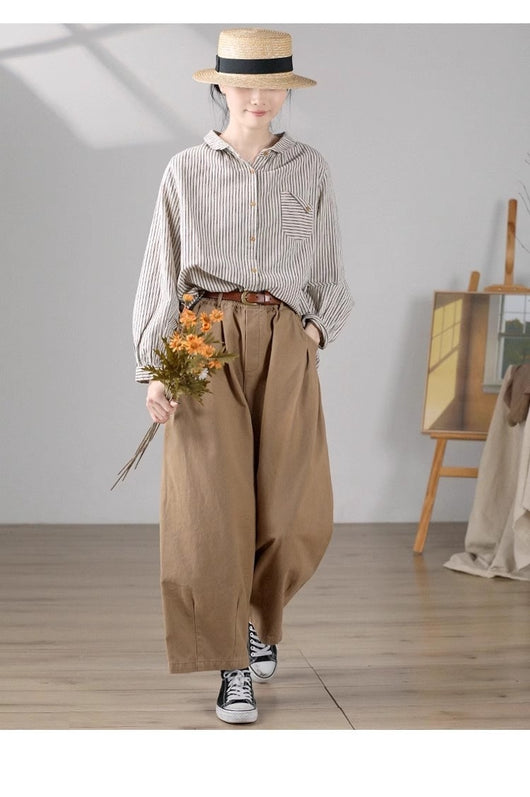 Blusa Retro de Lino y Algodón a Rayas con Diseño Artístico - Image 23