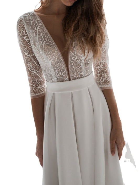 Vestido de Novia Satinado con Encaje en Espalda y Mangas Largas Bordadas - Image 11