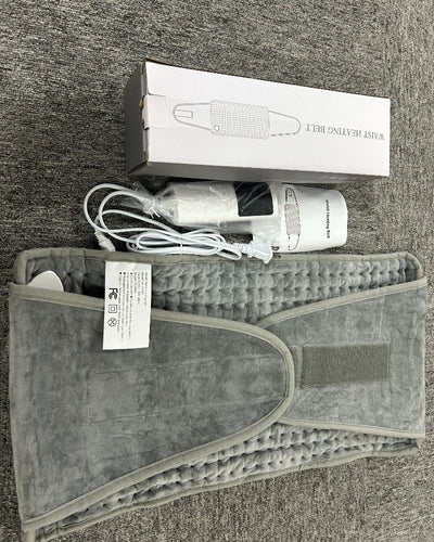 Gray quilted waist heating belt with an adjustable strap, wired remote control, and power plug, shown with its box. - Image 9