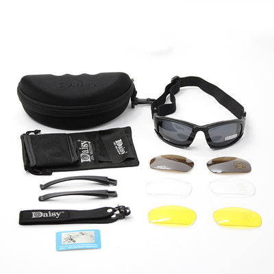 Black full-frame motorcycle goggles with yellow lenses, an adjustable elastic strap, and detachable temple arms.