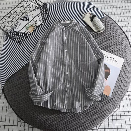 Camisa Casual de Rayas Blanca para Hombre - Manga Larga Suelta