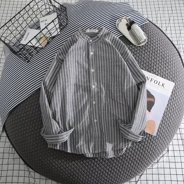 Camisa Casual de Rayas Blanca para Hombre - Manga Larga Suelta