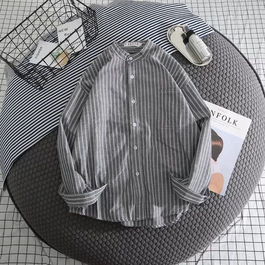 Camisa Casual de Rayas Blanca para Hombre - Manga Larga Suelta