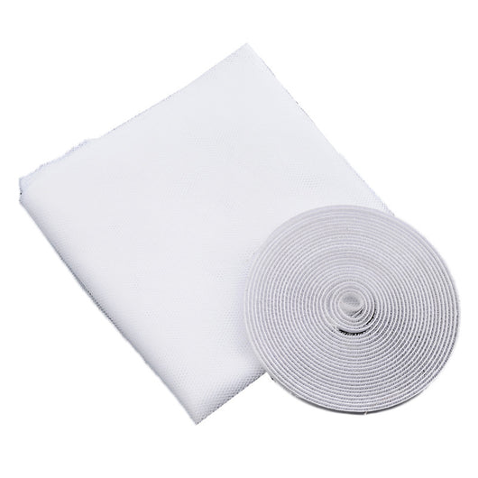 White self-adhesive mosquito screen applied to a gray window frame, offering clear visibility to the outside. - Image 5