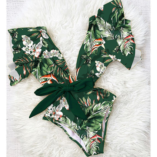 Coral one-piece swimsuit with deep V-neck, ruffled sleeves, and tie-front waist, featuring pink and teal floral print. - Image 15