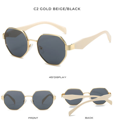 Polygonal sunglasses with a gold metal frame, beige temples, and dark black-gray lenses on a white background. - Image 22