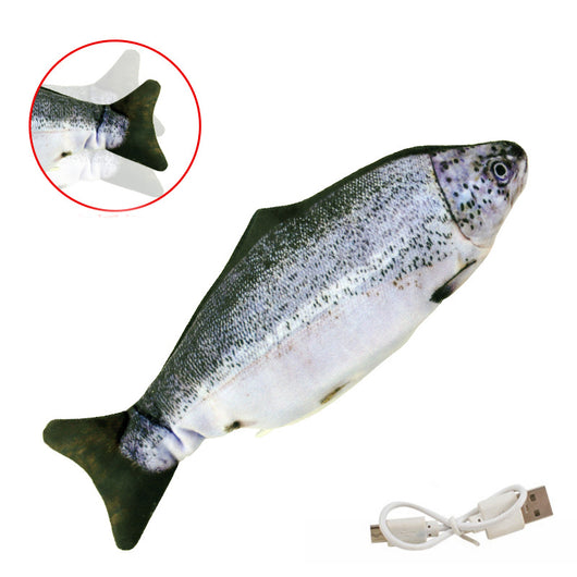 Realistic plush fish cat toy with yellow and brown scales, black fins, and a white USB charging cable. - Image 10