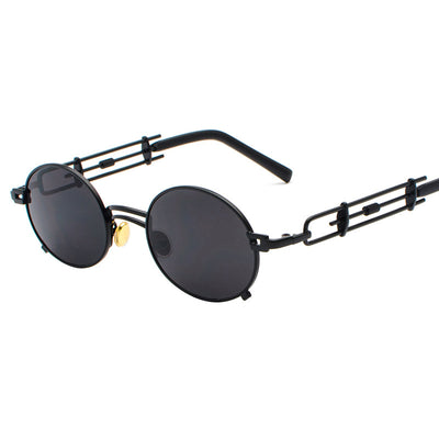 Black individual steampunk sunglasses with round clear lenses and unique metal frames on a white background. - Image 8