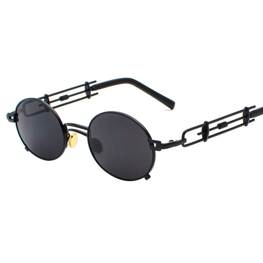 Black individual steampunk sunglasses with round clear lenses and unique metal frames on a white background. - Image 8