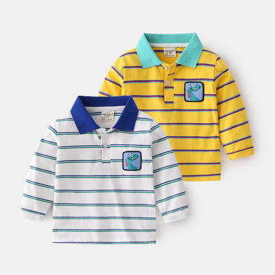 Camisa Escolar Manga Larga con Cuello a Rayas y Detalles en Contraste