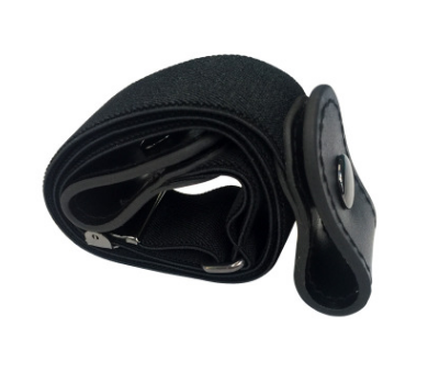 Black buckle-free elastic belt with snap closures worn on blue jeans, featuring a bonus gold-colored metal buckle. - Image 9