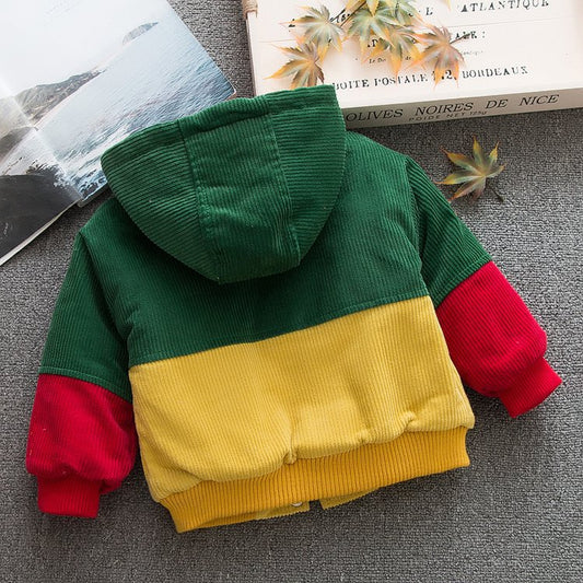 Abrigo infantil de terciopelo acolchado a rayas con combinación de colores - Image 2