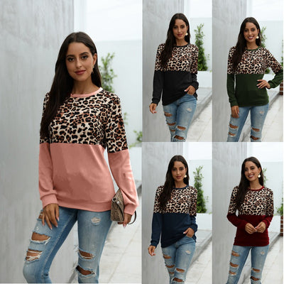 Camiseta Manga Larga Estampado Leopardo con Costura Decorativa para Mujer