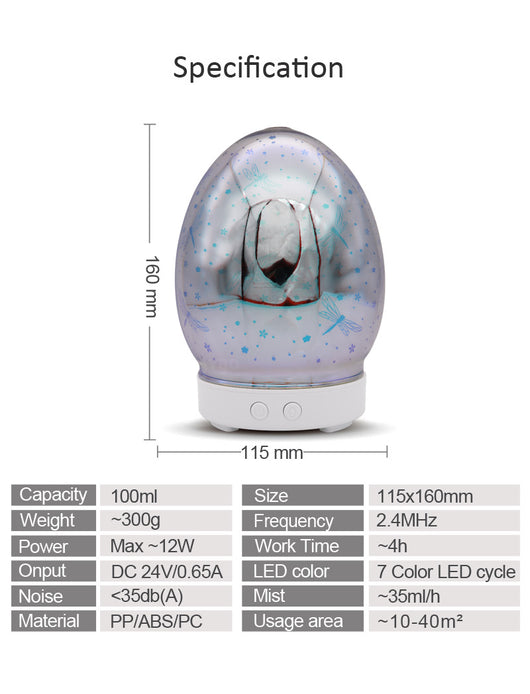 Red egg-shaped ultrasonic air humidifier with a 3D infinity mirror effect featuring glowing dragonfly patterns on a white base. - Image 3