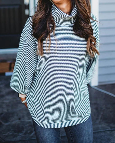 Blusa Casual de Cuello Alto con Estampado a Rayas para Mujer