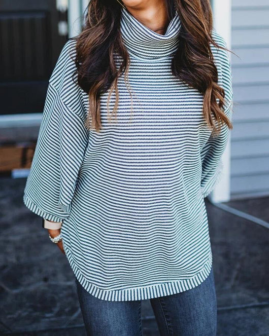 Blusa Casual de Cuello Alto con Estampado a Rayas para Mujer