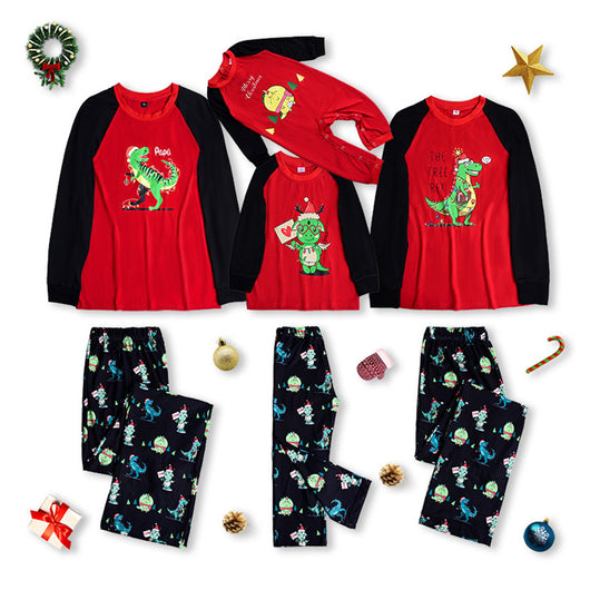 Family matching Christmas pajamas: black long-sleeve tops with white deer prints and red buffalo plaid pants. - Image 8