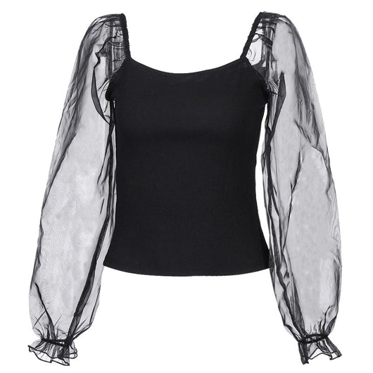 Blusa de Manga Larga con Malla Transparente y Costuras Visibles - Image 5