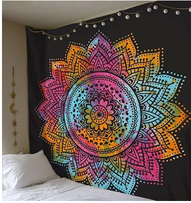 Vibrant multi-color mandala tapestry with a black background, hanging above a bed with white bedding. - Image 4
