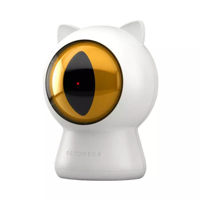 White cat-shaped laser toy with gold eye and red light, alongside a light blue smart rolling ball cat toy. - Image 5