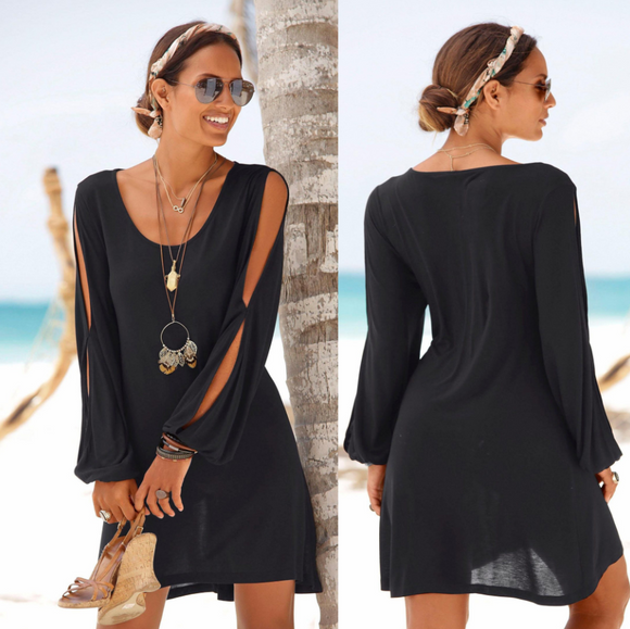 Vestido Playero Holgado Cuello en V Profundo Mangas Largas
