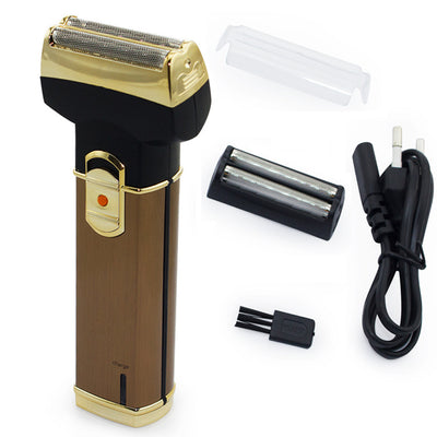 Gold and black rechargeable electric shaver with dual foil head, charging cable, cleaning brush, and clear cap. - Image 2
